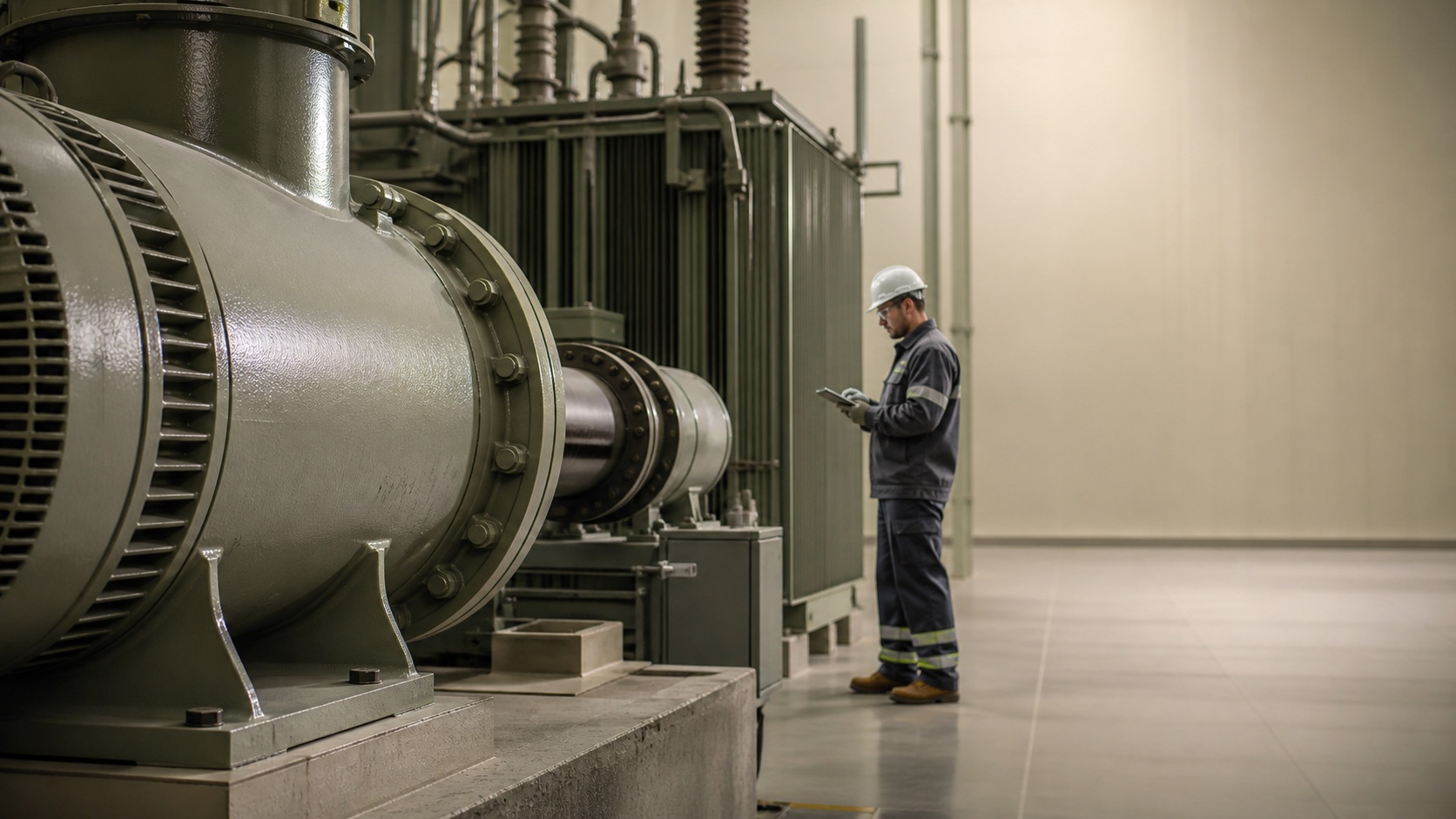 Illustrative industrial scene showing rotating equipment and an engineer reviewing condition evidence.